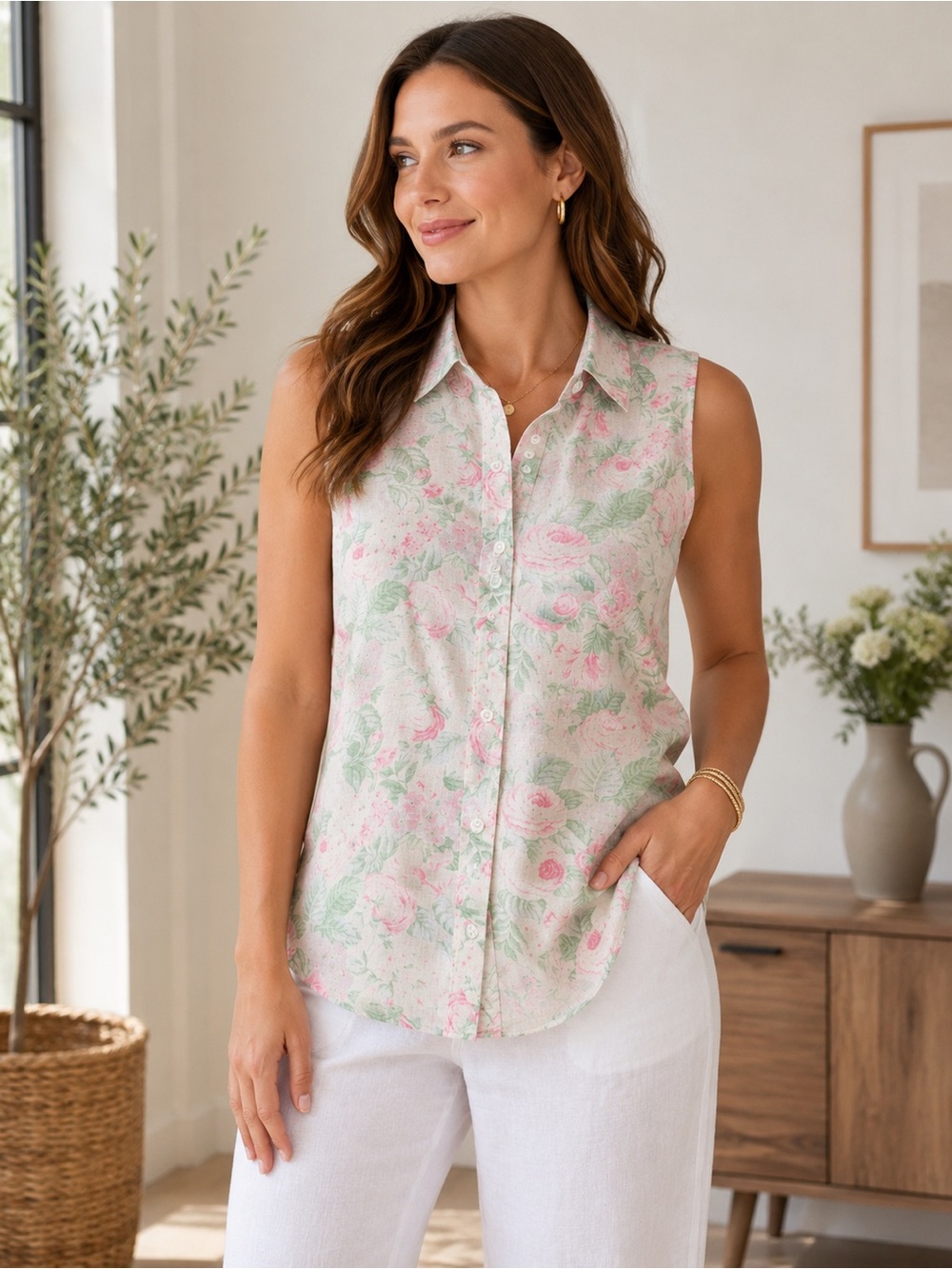 Lauren Ralph Lauren Linen Floral Sleeveless Button Blouse Petite P‎ Pink Green